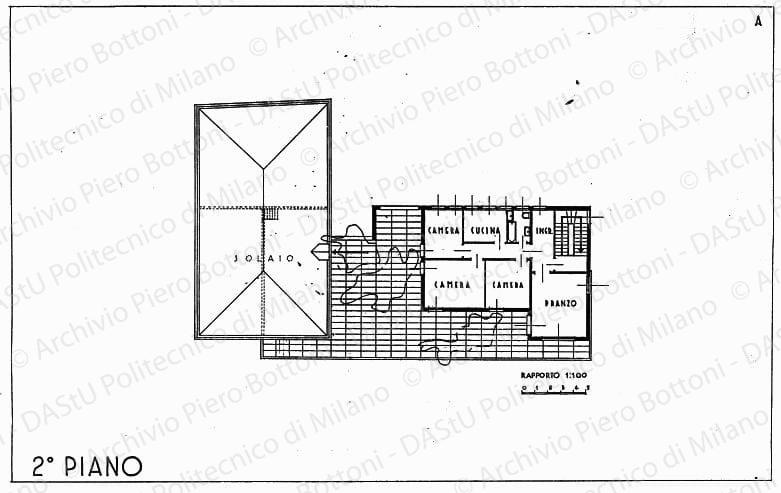 Pianta secondo piano soluzione A, scala 1:100, s.d. China su lucido, cm 39,5x61,5. 