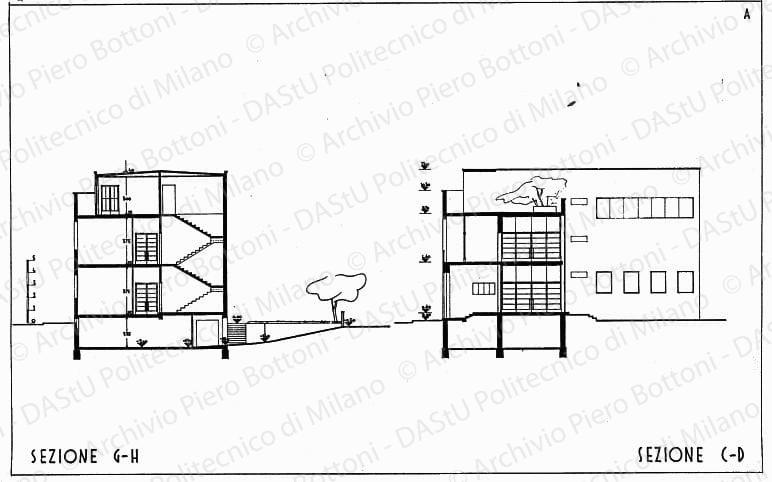 Sezione G-H e sezione C-D soluzione A, scala 1:100, s.d. China su lucido, cm 39,2x61,3. 
