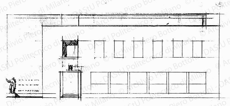 Studio del fronte est soluzione A, scala 1:100, s.d. Matita su lucido, cm 20,3x35,8. 