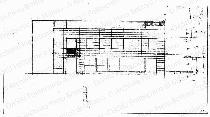 Studio del fronte est soluzione A, scala 1:100, s.d. Matita su lucido, cm 27,2x51,5. 