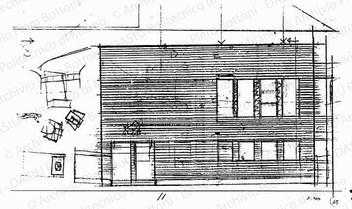 Studio del fronte sud soluzione A, scala 1:100, s.d. Matita su lucido, cm 17,7x29,0. 
