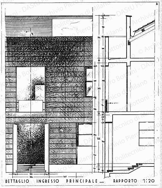 Dettaglio ingresso principale soluzione A, scala 1:20, s.d. China e matita su lucido, cm 70,8x60,7.