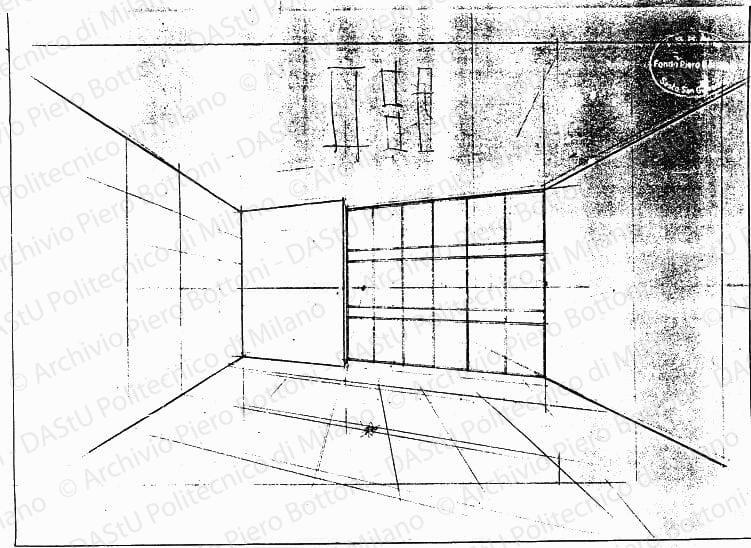 Studio di prospettiva interna soluzione A, s.d. Matita su lucido, cm 27,3x38,0. 