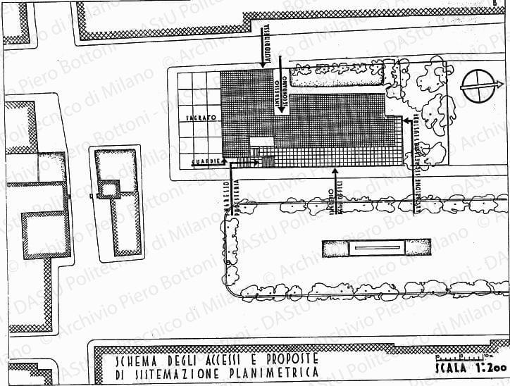 Schema degli accessi e proposte di sistemazione planimetrica soluzione B, planimetria, scala 1:200, s.d. China su lucido, cm 42,5x55,2. 