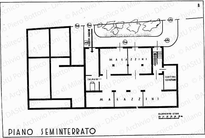 Pianta piano seminterrato soluzione B, scala 1:100, s.d. China su lucido, cm 36,5x56,7. 
