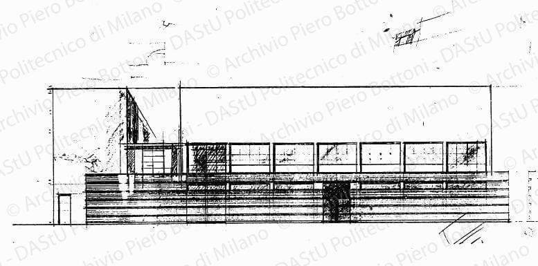 Studio fronte est soluzione B, scala 1:100, s.d. Matita su lucido, cm 20,0x43,7. 