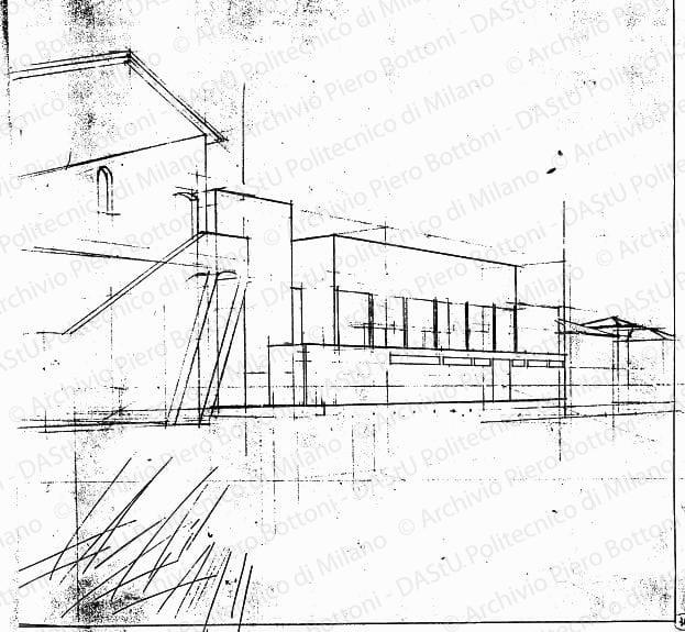 Studio di veduta prospettica fronte est soluzione B, s.d. Matita su lucido, cm 36,8x35,0. 