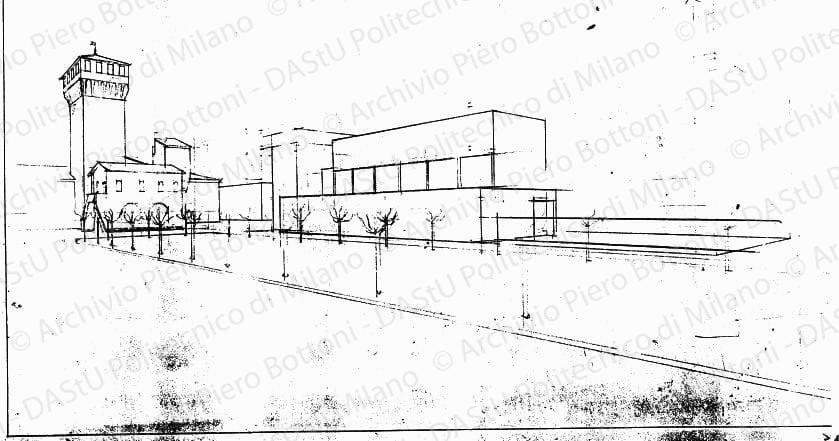 Studio di veduta prospettica fronte est soluzione B, s.d. Matita su lucido, cm 37,5x50,0. 
