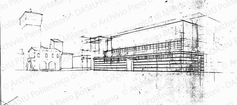 Studio di veduta prospettica fronte est soluzione B, s.d. Matita su lucido, cm 36,7x49,5. 