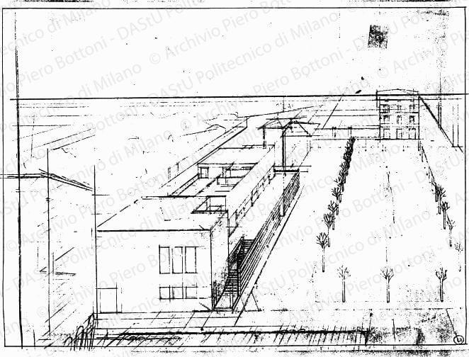 Studio di veduta prospettica dall'alto fronte est soluzione B, s.d. Matita su lucido, cm 36,2x49,7,