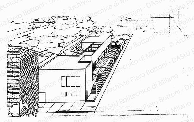 Veduta prospettica dall'alto fronte est soluzione B, s.d. China e matita su lucido, cm 34,8x61,4.