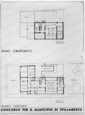 Riproduzione "Piano seminterrato e piano terreno 1:100" soluzione A, positivo, bianco e nero, mm 162x122.  Annotazione dattiloscritta sul verso.