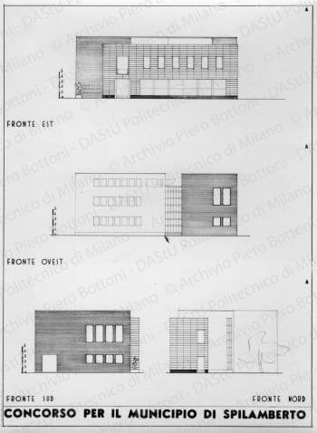 Riproduzione "Fronte est, fronte ovest, fronte sud" soluzione A, positivo, bianco e nero, mm 164x120. Annotazione dattiloscritta sul verso: "Progetto "A" - Motto Urbs".