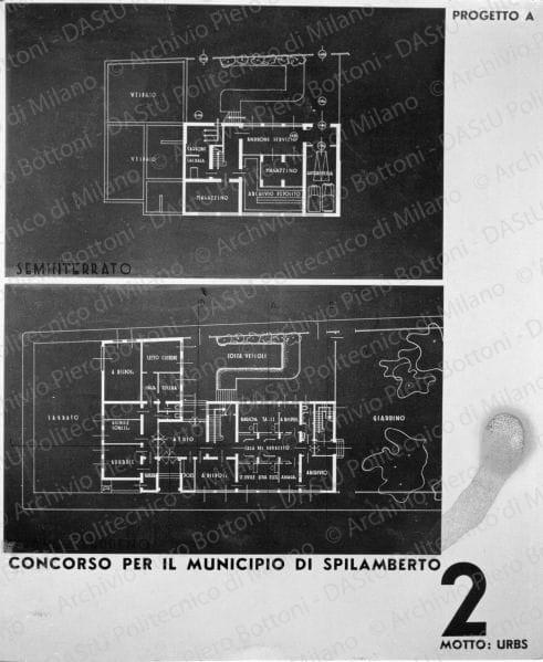 Riproduzione "TAV. 2. Seminterrato, Piano terreno" soluzione A, positivo, bianco e nero, mm 203x168. 