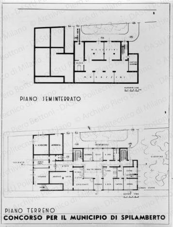 Riproduzione "Piano seminterrato e piano terreno 1:100" soluzione B, positivo, bianco e nero, mm 161x124.  Annotazione dattiloscritta sul verso: "Progetto "B" - Motto URBS".