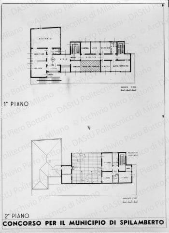 Riproduzione "Primo Piano, secondo piano 1:100" soluzione B, positivo, bianco e nero, mm 164x120. Annotazione dattiloscritta sul verso: "Progetto "B" - Motto URBS".