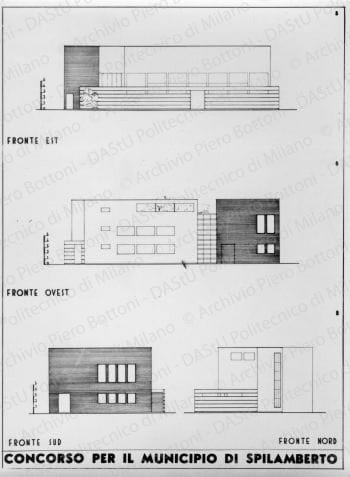 Riproduzione "Fronte Est, Fronte Ovest, Fronte Sud, Fronte Nord" soluzione B, positivo, bianco e nero, mm 162x120.  Annotazione dattiloscritta sul verso: "Progetto "B" - Motto URBS".