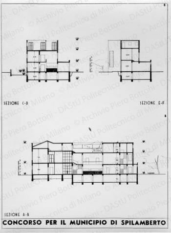 Riproduzione "Sezione C-D, Sezione E-F, Sezione A-B" soluzione B, positivo, bianco e nero, mm 162x120.  Annotazione dattiloscritta sul verso: "Progetto "B" - Motto URBS".