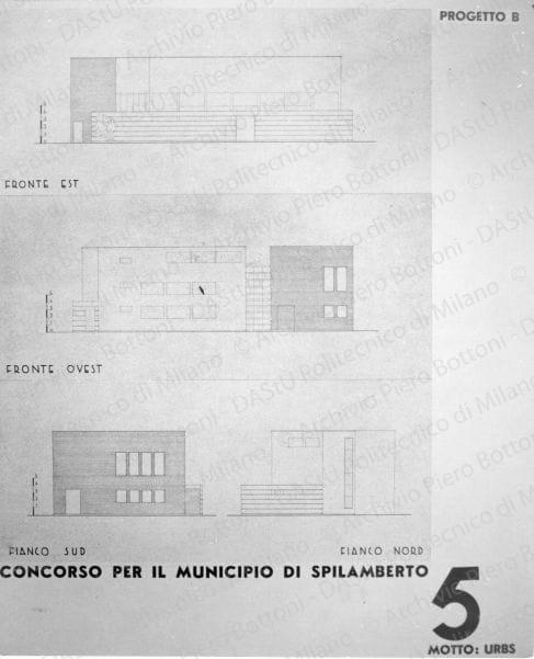 Riproduzione "TAV. 5. Fronte Est, Fronte Ovest, Fianco Sud, Fianco Nord" soluzione B, positivo, bianco e nero, mm 204x168. 
