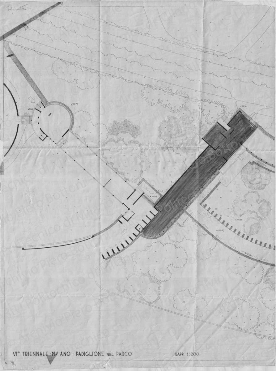 VI Triennale Milano, padiglione nel parco, planimetria, scala 1:200, s.d. Matita blu su eliografia su carta, cm 75,8x57,0. Annotazione manoscritta: superato. 