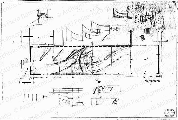 Schizzi su: Pianta del pianterreno, scala 1:100, s.d. Matita su eliografia su carta, cm 50,0x74,0. 