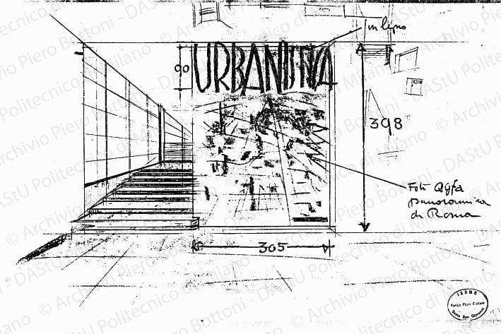 Schizzo prospettico dell'entrata, s.d. Matita e matita carbone su lucido, cm 33,0x52,0.