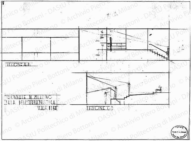 Triennale di Milano, sala dell'urbanistica, dis. 7, sezioni, scala 1:50, s.d. Matita su lucido, cm 39,0x52,0. 