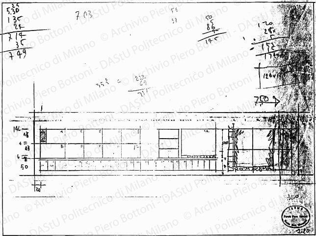 Prospetto, scala 1:20, s.d. Matita su lucido, cm 36,5x53,5. 