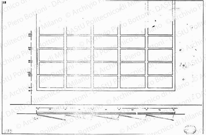 Dis. 12, pianta e prospetto di una parete, scala 1:10, s.d. China e matita su lucido, cm 51,5x76,0. Schizzi di particolari a matita. 