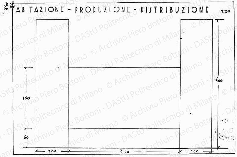 Abitazione, produzione, distribuzione, dis. 22, prospetto dimensione pannelli, scala1:20, s.d. China su lucido, cm 25,5x38,5. 