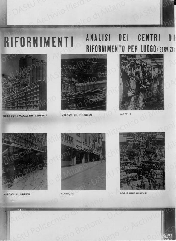 Riproduzione del pannello "Rifornimenti. Analisi dei centri di rifornimento per luogo (servizi)", positivo, bianco e nero, mm 227x166. Timbri ad inchiostro sul verso: "Piero Bottoni" e "VI Triennale di Milano 1936 XIV. Servizio fotografico. A norma di legge, qualunque riproduzione della presente fotografia dovrà portare l'indicazione del nostro nome. Stab. Fot. Crimella - Milano".
