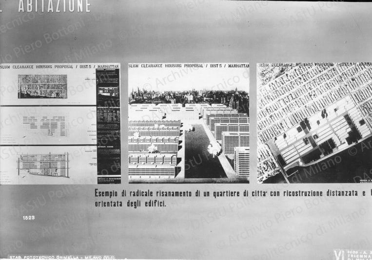 Riproduzione del pannello "L'abitazione. Esempio di radicale risanamento di un quartiere di città con ricostruzione distanziata e base orientata degli edifici", positivo, bianco e nero, mm 151x224. Timbro ad inchiostro sul verso: "VI Triennale di Milano 1936 XIV. Servizio fotografico. A norma di legge, qualunque riproduzione della presente fotografia dovrà portare l'indicazione del nostro nome. Stab. Fot. Crimella - Milano".