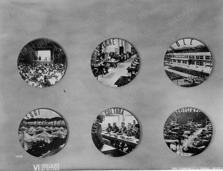 Riproduzione di un pannello, positivo, bianco e nero, mm 167x223. Timbri ad inchiostro sul verso: "Piero Bottoni" e "VI Triennale di Milano 1936 XIV. Servizio fotografico. A norma di legge, qualunque riproduzione della presente fotografia dovrà portare l'indicazione del nostro nome. Stab. Fot. Crimella - Milano".