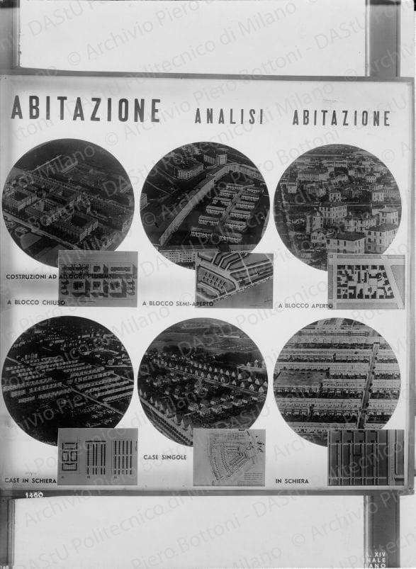 Riproduzione del pannello "Abitazione. Analisi abitazione", positivo, bianco e nero, mm 227x166. Timbro ad inchiostro sul verso: "VI Triennale di Milano 1936 XIV. Servizio fotografico. A norma di legge, qualunque riproduzione della presente fotografia dovrà portare l'indicazione del nostro nome. Stab. Fot. Crimella - Milano".