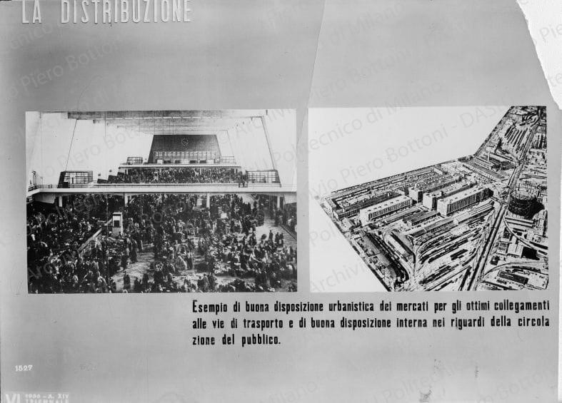 Riproduzione del pannello "Esempio di buona disposizione urbanistica per gli ottimi collegamenti alle vie di trasporto e di buona disposizione interna nei riguardi della circolazione del pubblico", positivo, bianco e nero, mm 17x23. Su una fotografia timbri ad inchiostro sul verso: "Piero Bottoni" e "VI Triennale di Milano 1936 XIV. Servizio fotografico. A norma di legge, qualunque riproduzione della presente fotografia dovrà portare l'indicazione del nostro nome. Stab. Fot. Crimella - Milano".