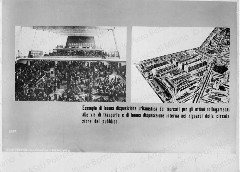 Riproduzione del pannello "La distribuzione. Esempio di buona disposizione urbanistica per gli ottimi collegamenti alle vie di trasporto e di buona disposizione interna nei riguardi della circolazione del pubblico", positivo, bianco e nero, mm 162x222. Timbri ad inchiostro sul verso: "VI Triennale di Milano 1936 XIV. Servizio fotografico. A norma di legge, qualunque riproduzione della presente fotografia dovrà portare l'indicazione del nostro nome. Stab. Fot. Crimella - Milano".