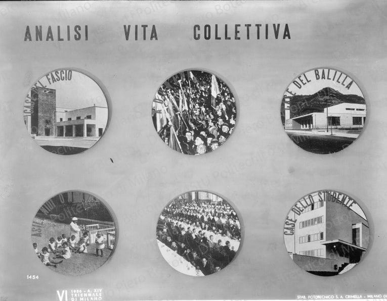 Riproduzione del pannello "Analisi vita collettiva", positivo, bianco e nero, mm 168x222. Timbri ad inchiostro sul verso: "Piero Bottoni" e "VI Triennale di Milano 1936 XIV. Servizio fotografico. A norma di legge, qualunque riproduzione della presente fotografia dovrà portare l'indicazione del nostro nome. Stab. Fot. Crimella - Milano".