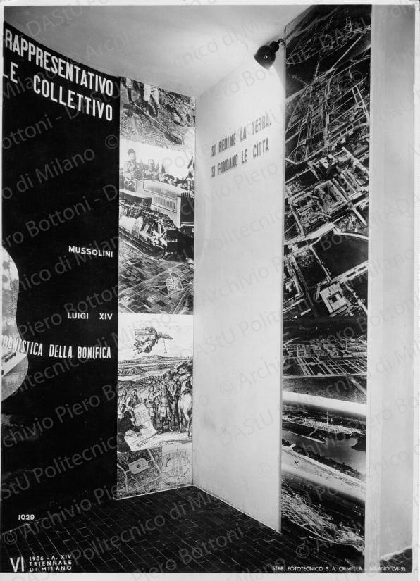 Riproduzione di un pannello, positivo, bianco e nero, mm 233x172. Su una fotografia timbro ad inchiostro sul verso: "VI Triennale di Milano 1936 XIV. Servizio fotografico. A norma di legge, qualunque riproduzione della presente fotografia dovrà portare l'indicazione del nostro nome. Stab. Fot. Crimella - Milano".
