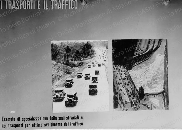 Riproduzione del pannello "Esempio di specializzazione delle sedi stradali e dei trasporti per ottimo svolgimento del traffico", positivo, bianco e nero, mm 170x231. Timbro ad inchiostro sul verso: "VI Triennale di Milano 1936 XIV. Servizio fotografico. A norma di legge, qualunque riproduzione della presente fotografia dovrà portare l'indicazione del nostro nome. Stab. Fot. Crimella - Milano".