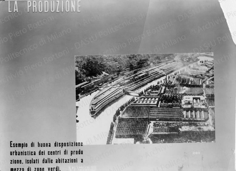 Riproduzione del pannello "La produzione. Esempio di buona disposizione urbanistica dei centri di produzione. Isolati dalle abitazioni a mezzo di zone verdi", positivo, bianco e nero, mm 174x234. Timbro ad inchiostro sul verso: "VI Triennale di Milano 1936 XIV. Servizio fotografico a norma di legge, qualunque riproduzione della presente fotografia dovrà portare l'indicazione del nostro nome. Stab. Fot. Crimella - Milano".