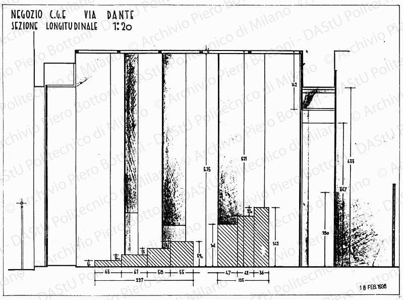Negozio C.G.E., via Dante, sezione longitudinale, scala 1:20, prot. 2065, 18 febbraio 1936. China e matita su lucido, cm 36,9x50,5. 