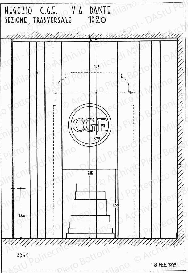 Negozio C.G.E., via Dante, sezione trasversale, scala 1:20, prot. 2066, 18 febbraio 1936. China su lucido, cm 38,0x26,0. 