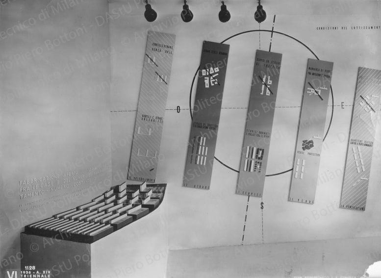 Veduta della "Sala III. Il lottizzamento dei quartieri d'abitazione alla VI Triennale di Milano, 1936", positivo, bianco e nero, mm 163x223. Timbro ad inchiostro sul verso: "VI Triennale di Milano 1936 XIV. Servizio fotografico. A norma di legge, qualunque riproduzione della presente fotografia dovrà portare l'indicazione del nostro nome Stab. Fot. Crimella - Milano". Annotazione manoscritta sul verso.