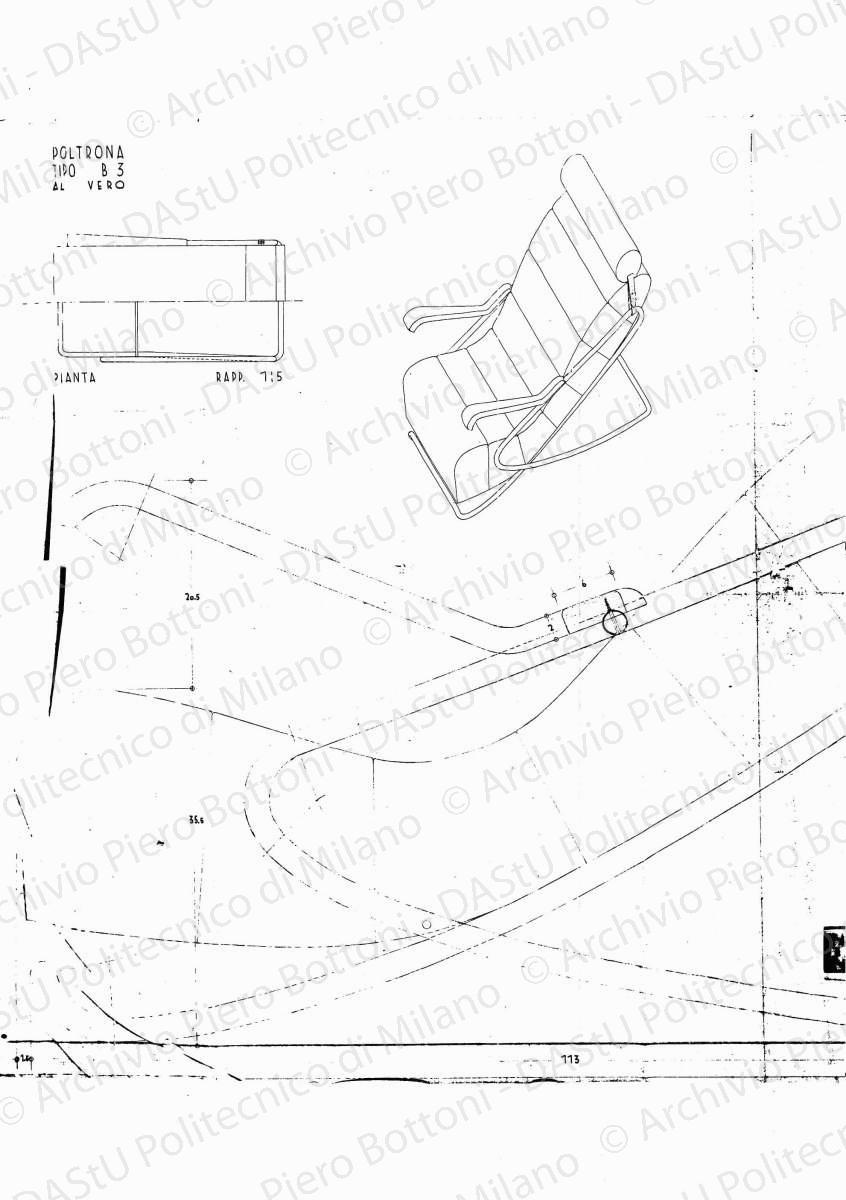 Studio poltrona tipo B 1, scala 1:1, s.d. Eliografia su carta, cm 78,2 x 126,3.