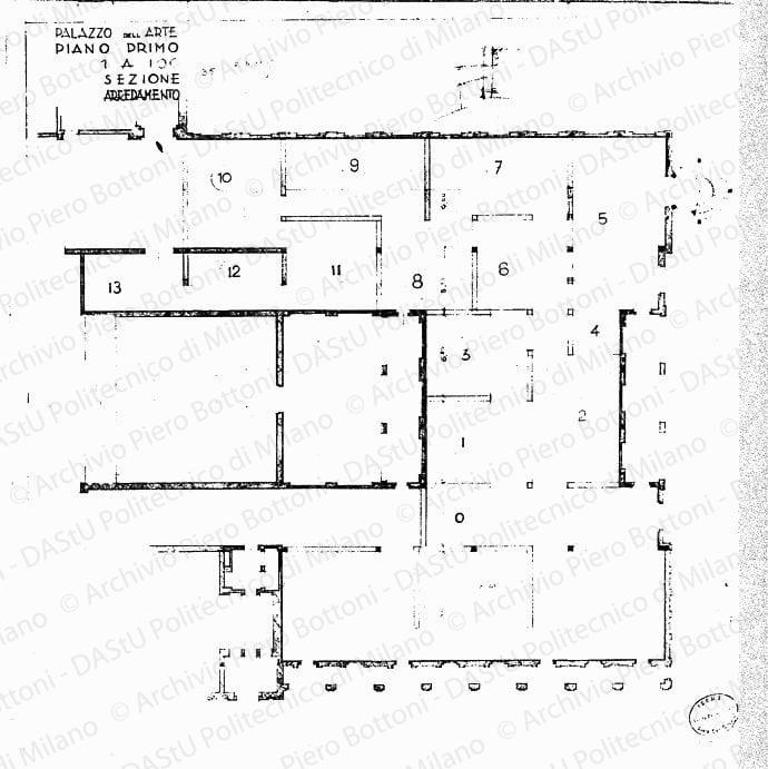 Palazzo dell'Arte, pianta piano primo, sezione arredamento, scala 1:100, 2 maggio 1935. Eliografia su carta, cm 62,0x63,0. 