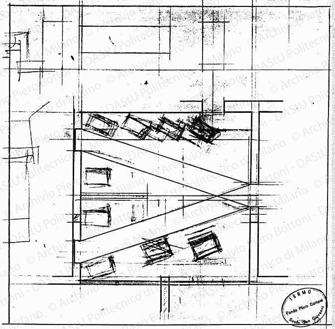 Schizzo sistemazione sala d'attesa, pianta e prospetti, scala 1:50, s.d. China e matita su lucido, cm 30,0x30,0. 
