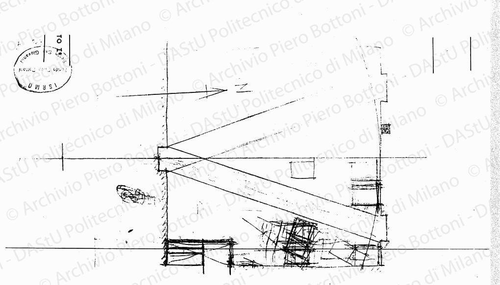 Schizzo sala d'attesa, scala 1:50, s.d. Matita su lucido, cm 17,0x35,0. 