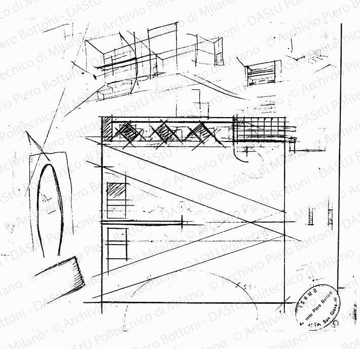 Schizzi sala d'attesa, scala 1:50, s.d. Matita su lucido, cm 26,0x29,5. 
