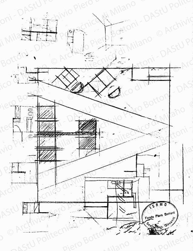 Schizzi sala d'attesa, scala 1:50, s.d. Matita su lucido, cm 27,0x21,0. 