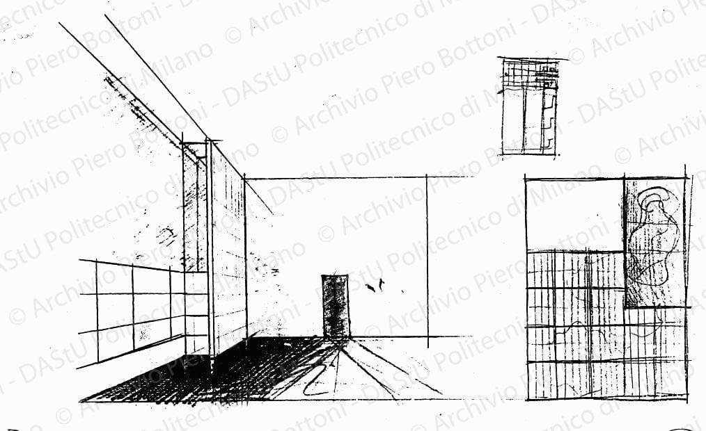 Schizzi prospettici parete acquario, s.d. Matita su lucido, cm 36,0x50,0. 